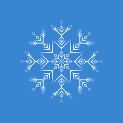 Snowflake icon. Flat style. Symbol of winter, Christmas, New Year holiday. White silhouette  on blue background. Vector illustration.