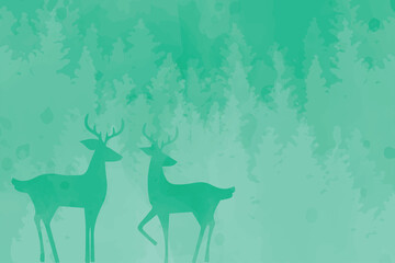 Green watercolor deer background, couple of antler reindeer in the forest