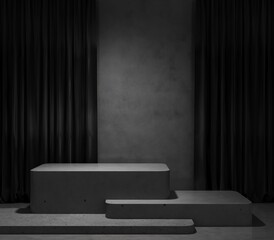 3d rendering concrete podiums, two black fabric and black wall 