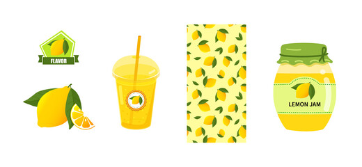 Set illustration with lemon. Glass jar with label and yellow jam.