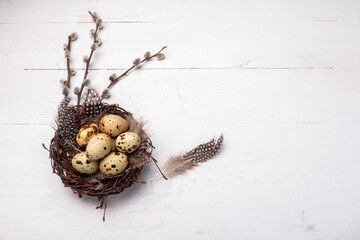 Naklejka na ściany i meble quail eggs in a nest with feathers and willow twigs on a wooden background