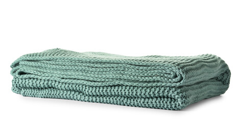 Soft knitted blanket on white background