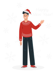 man in red sweater and santa cap, merry christmas greetings, celebration, happy new year, cheerful vector illustration 