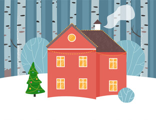 Red house with christmas tree in a birch forest. Cottage in the winter snowy forest. 