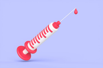 Cartoon red syringe with a drop on a needle on a purple background. Coronavirus vaccination concept. 3d render illustration.