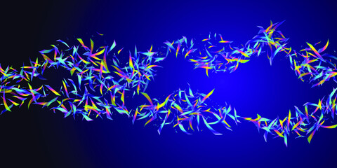 Fototapeta na wymiar Holographic fallong confetti isolated on dark blue background. Rainbow iridescent overlay texture confetti. Vector festive foil hologram tinsels streamerts.