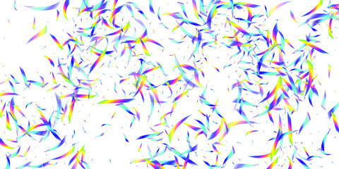 Holographic flying confetti glitters isolated on transparent background. Rainbow iridescent overlay texture confetti. Vector festive foil hologram tinsels on white.