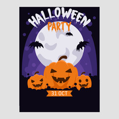 Happy Halloween party poster \ background \ card. Cutest pumpkins, moon, bat. Vector illustration