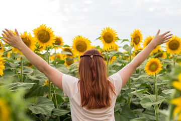 Happy Smiling female standing in sunflowers field on summer day.