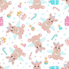 Children's vector seamless pattern with cute unicorns, birthday cake, cupcakes, gifts and candy cane. Birthday pattern in cartoon style