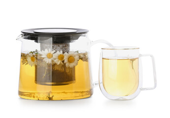 Teapot and cup of tasty chamomile tea on white background