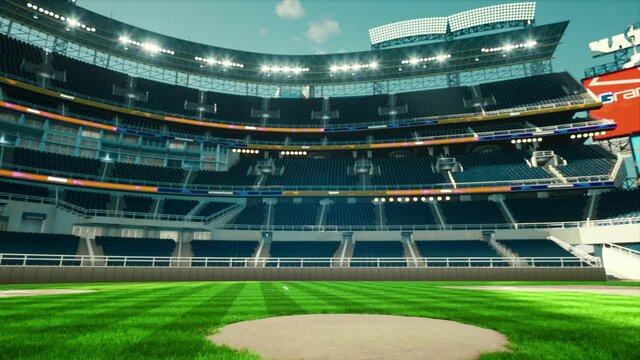 Empty daytime baseball and cricket arena in a sunlight 3d render. High quality 4k footage