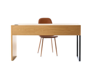Wooden table and chair on white background