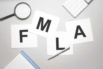 magnifier,calculator, pen and paper sheet with text fmla