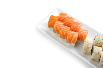 Plate with delicious sushi rolls on white background