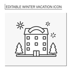  Hotel line icon. Lodging to travelers or permanent residents. Winter vacation concept. Isolated vector illustration. Editable stroke