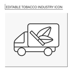 Tobacco transportation line icon. Distribution of tobacco-related products in stores. Tobacco industry concept. Isolated vector illustration. Editable stroke