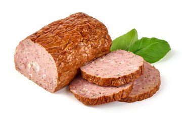 Baked meatloaf, minced meat roll, isolated on white background.
