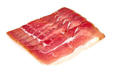 Spanish jamon iberico slices (serrano ham), isolated on white background.