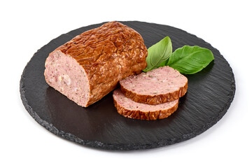 Baked meatloaf, minced meat roll, isolated on white background.