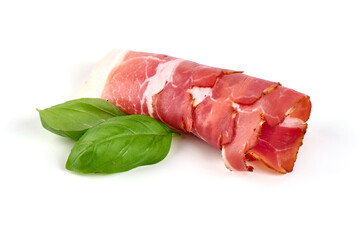Dry cured jamon, serrano ham slices, isolated on white background.