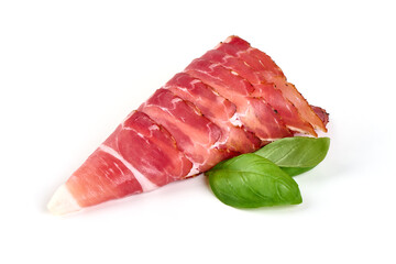 Spanish jamon iberico slices (serrano ham), isolated on white background.