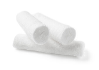 Medical gauze rolls on white background