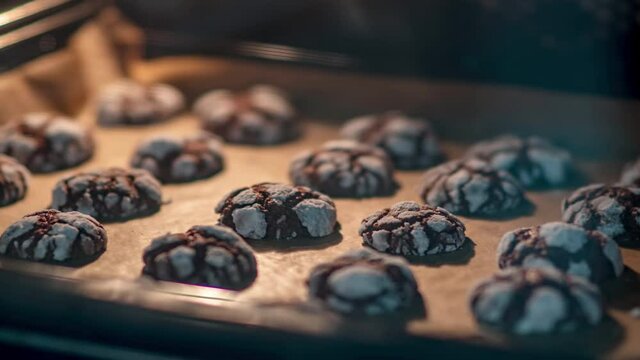 Freshly baked chocolate cocoa cookies in the oven
