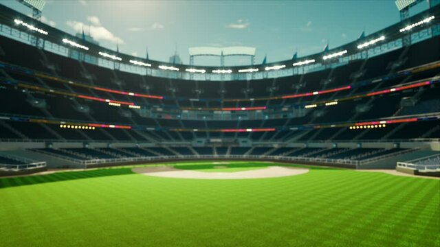 Empty daytime baseball and cricket arena in a sunlight 3d render. High quality 4k footage