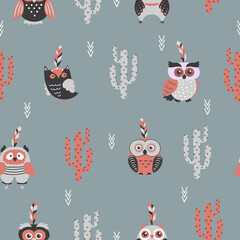 Seamless baby pattern with cute owls and cactus. Cartoon vector illustration