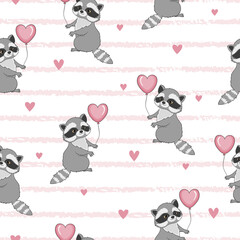 Cute cartoon raccoons with balloons. Seamless baby pattern.	