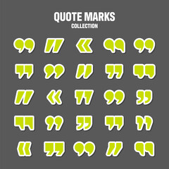 Quotation marks vector collection. Green quotes icon. Colorful stickers collection. Speech mark symbol.