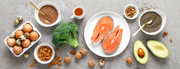 Food sources of omega 3 acids. Foods high in healthy fat, vitamin and antioxidants. Top view. Banner.