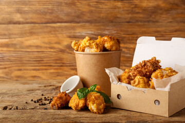 Paper box and bucket with tasty fried popcorn chicken on wooden background © Pixel-Shot