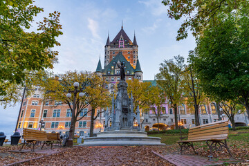 Quebec, Canada - October 20 2021 : Fairmont Le Chateau Frontenac sunset time view. Quebec City Old Town in autumn dusk.