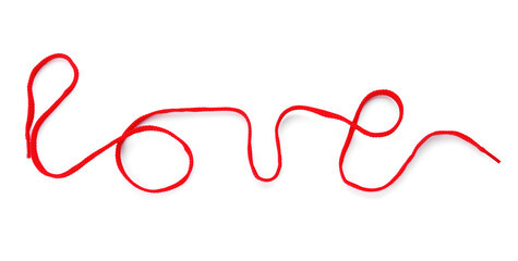 Word LOVE made of shoe laces on white background