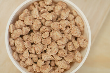 Closeup of textured soy protein. Textured vegetable protein.
Soy meat for a vegan diet