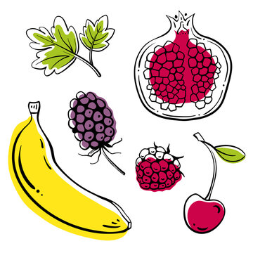 Set of fruits and berries: banana, pomegranate, raspberry, cherry, blackberry. Colorful black line sketch collection isolated on white background. Doodle hand drawn fruits. Vector illustration