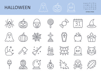 Vector Halloween icons. Editable stroke. Autumn holiday bat spider pumpkin jack o 'lantern candy ghost spider web decoration castle party crystal ball witch hat cauldron tombstone balloon costume