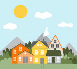 Fototapeta premium Cute mountain houses with windows, doors, chimneys. Summer landscape with hills and trees. Color vector flat stock illustration