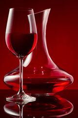 A glass of red wine and decanter on a glossy table.
