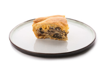 Plate with piece of tasty mushroom pot pie on white background