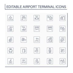 Airport terminal line icons set. Transportation passengers.Pointer. Special departments and services at airport. Transfer services concept. Isolated vector illustrations.Editable stroke