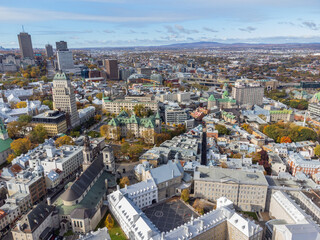 Aerial view of Quebec City Old Town in the fall season sunset time.