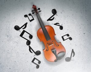 Classic Violin with music notes on desk background