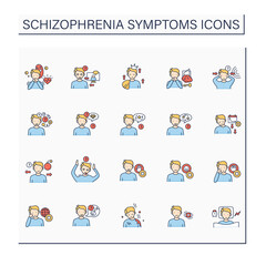 Schizophrenia symptoms color icons set. Brain disorder. General apathy. Unable to recognize reality.Healthcare concept. Isolated vector illustrations
