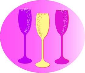 Three colored glasses of champagne on a pink background.  Alcoholic drink for thr gala,wedding invitations.