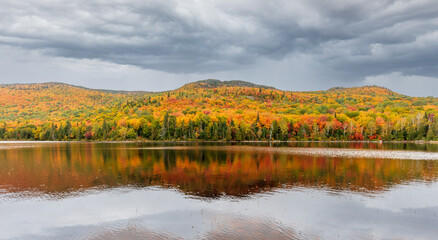 Mount Kaaikop in the background with Lac Legault showing the Autumn fall colors in the water reflection, Quebec, Canada. - 465405114