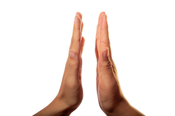 Hands about to collide isolated on white background. Friendship greeting.