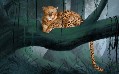 Leopard. Rainforest, jungle. Watercolor illustration forest. Interior Wallpaper. Mural for the walls, fresco for the room, interior. - obrazy, fototapety, plakaty